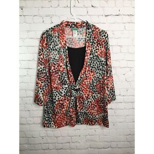 Sara Morgan women’s L‎ Large Red Multi Color 3/4 Sleeve 2-Piece Look Blouse Top